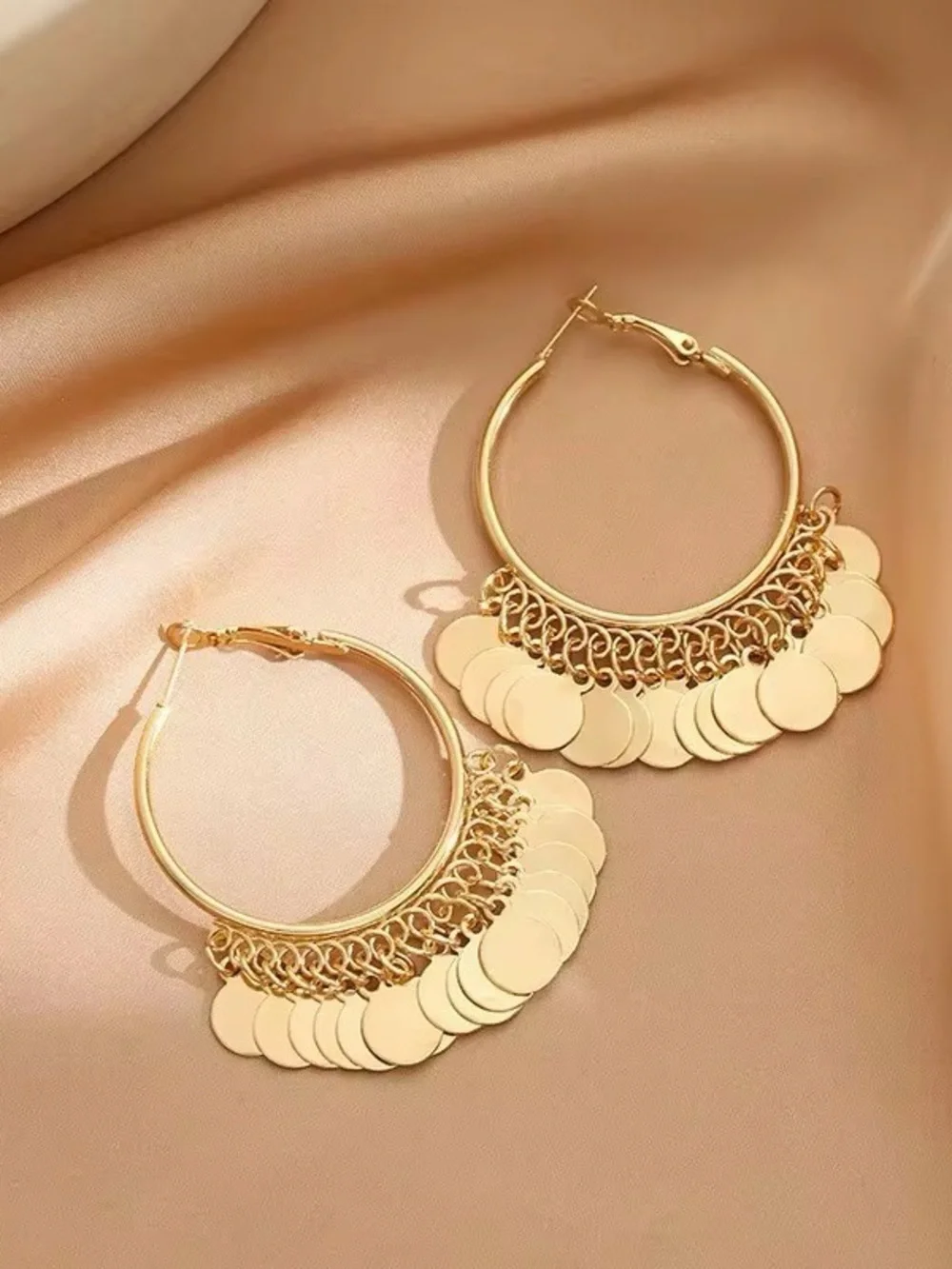 ***Vintage-inspired Gold Coin Fringe Hoop Earrings - Women Jewelry